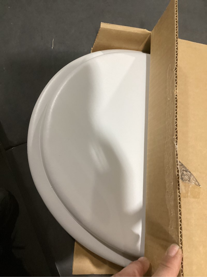 Condition photo showing Good Condition for mayfair padded toilet seat, cushioned soft vinyl over wood core seat, secure hinges, easy clean, elongated, white elongated white toilet seat