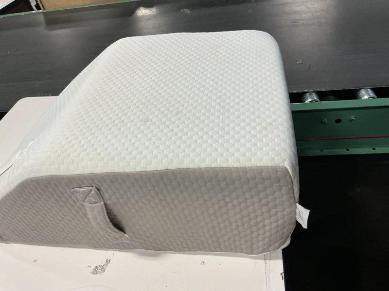 Condition photo showing As Is for  Leg Pillow Elevation Blood Circulation, Leg Elevating Pillows for After Surgery, Sleeping, Memory Foam Wedge Pillow for Legs Swelling, Foot Knee Pillow for Back Pain, 23.6×16.8×8in, White/Grey