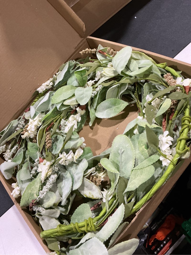 Condition photo showing Good Condition for 70 inch lamb ears greenery garland with ivory forsythia flowers, year round farmhouse floral garland for mantel stair fireplace, all seasons indoor outdoor everyday decor