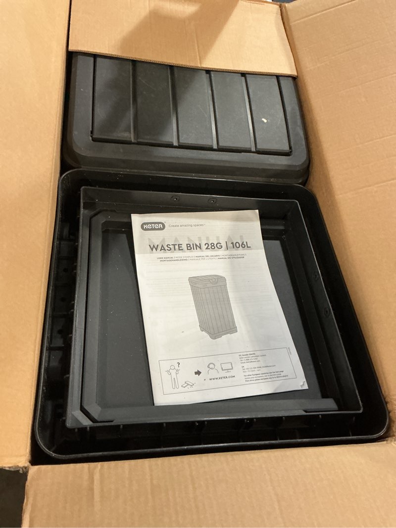 Condition photo showing New/Like New for keter rockford resin 38 gallon outdoor kitchen trash can with lid and drip tray for easy cleaning-perfect for patio dining, grey