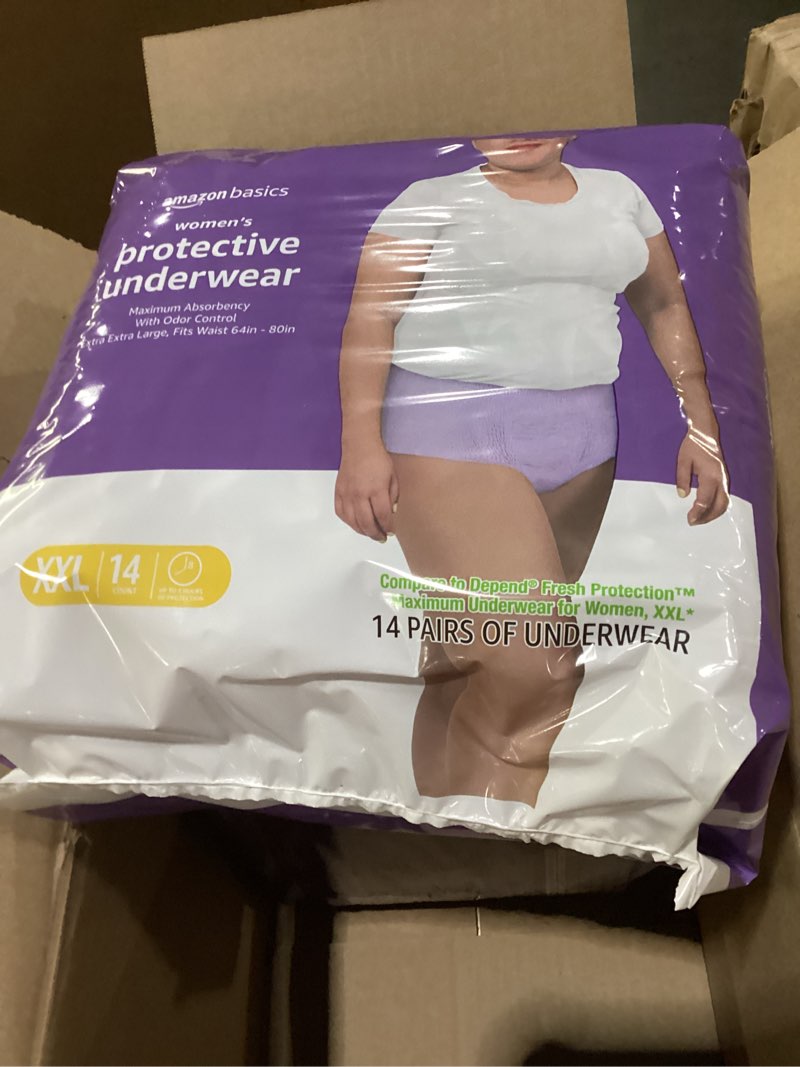 Condition photo showing New/Like New for 3 14ct Amazon Basics Incontinence Underwear for Women, Protective, Disposable, Postpartum, Maximum Absorbency, XX-Large, Lavender, 14 Count