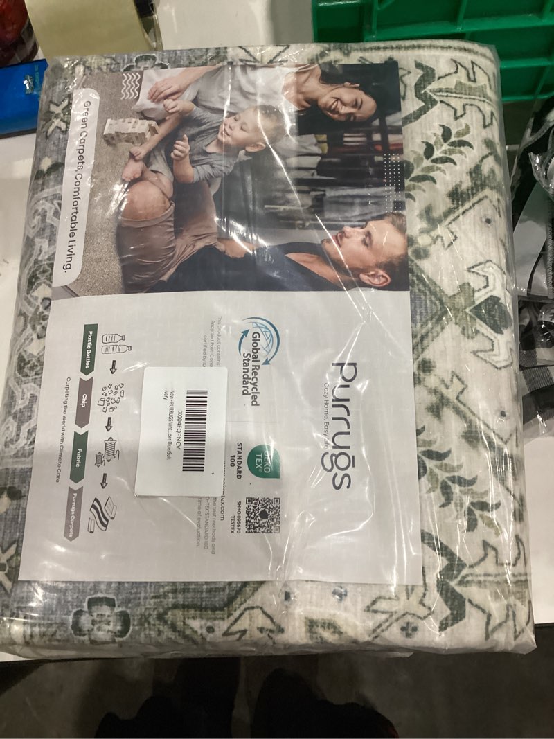 Condition photo showing New/Like New for PURRUGS Vintage Farmhouse Boho Throw Rug 3x5 ft, Non-Slip Machine Washable Rug, Accent Oriental Area Rug for Entryway, Kitchen, Bedroom, Living Room and Dining Room, Periwinkle Gray/Soft Ivory Periwinkle Gray/Soft Ivory 3' x 5'