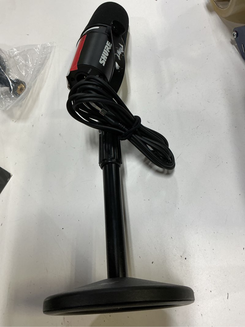 Condition photo showing As Is for shure mv7+ podcast dynamic microphone with stand. obs certified, enhanced audio, led touch panel, usb-c & xlr outputs, auto level mode, digital pop filter, podcasting, streaming, recording - black