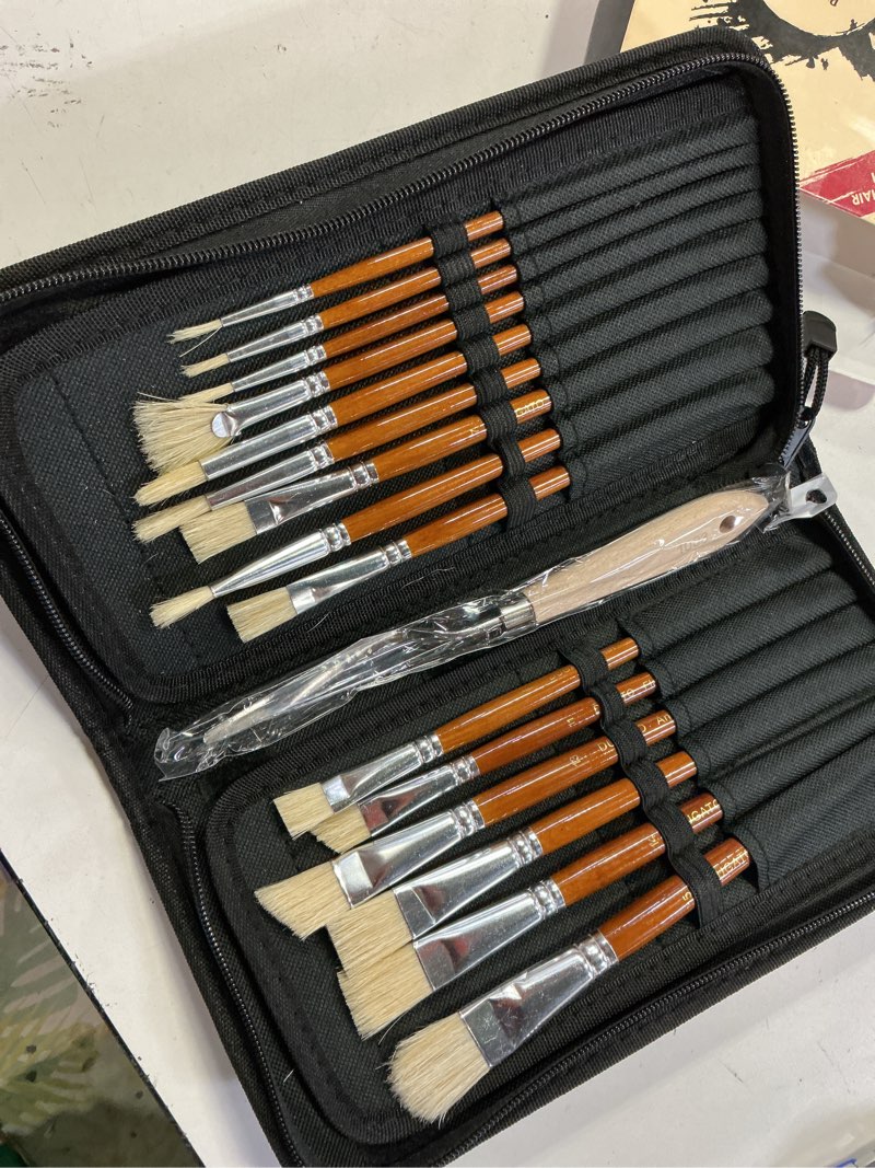 Condition photo showing Good Condition for (No sponges)DUGATO Artist Paint Brush Set (15pc) - Short Handle Hog Bristle Brushes for Oil, Acrylic, Gouache, Watercolor - Includes Pop-Up Case, Palette Knife & Sponges - Professional Art Supplies White Hog Hair - 15pcs