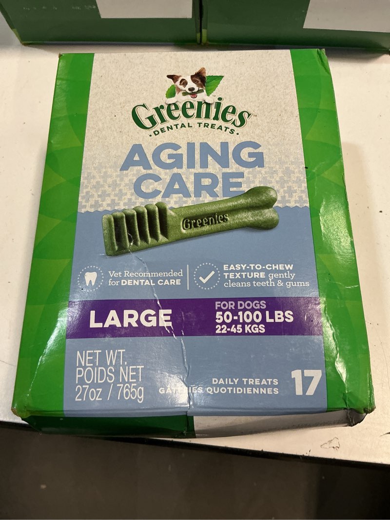 Condition photo showing New/Like New for ((BEST BY/OCT/01/29/25))Greenies Dental Treats for Dogs, Veterinarian-Recommended Aging Care Adult Natural Dental Dog Treats, Large Size, 27 oz. Pack, 17 Count Aging Care 17 Count (Pack of 1)