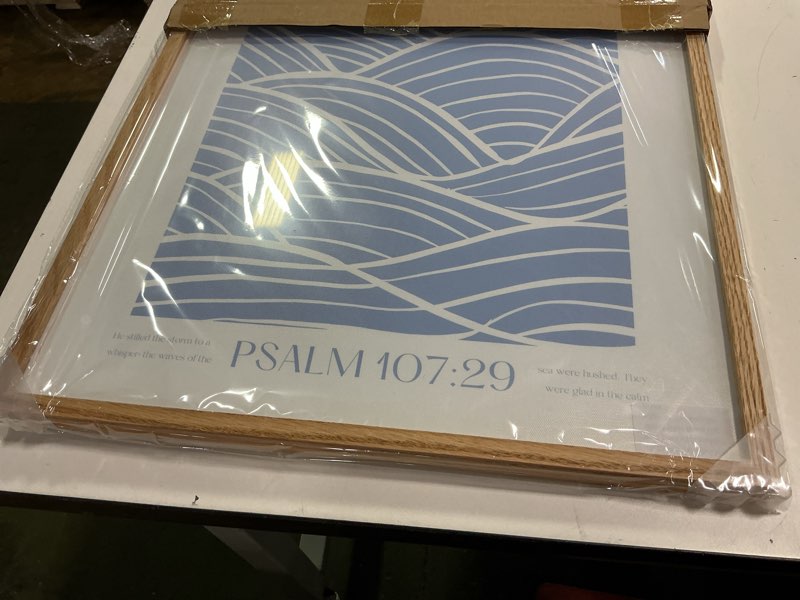 Condition photo showing Good Condition for EcoHest Modern Christian Ocean Waves Framed Wall Art, Large 16x20 in OAK Wood Christian Psalm 107:29 Canvas Wall Art, Beige Logs Storm Home Decor Set of 1 for Bedroom Living Room Framed Christian 20L" x 16W"