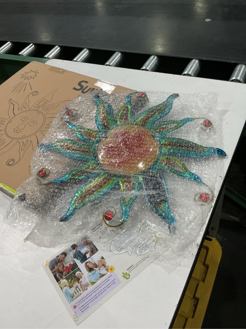 Condition photo showing Good Condition for 18 "solar sun face wall art - metal sun sculpture with led lights & smiling face, outdoor wall hanging decorations (blue)