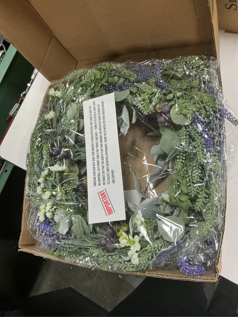 Condition photo showing New/Like New for 22 inch lavender eucalyptus wreath for front door decor, uv resistant spring artificial floral, waterproof summer porch display & everyday farmhouse wreath soft purple, matte sage green eucalyptus, mixed berry