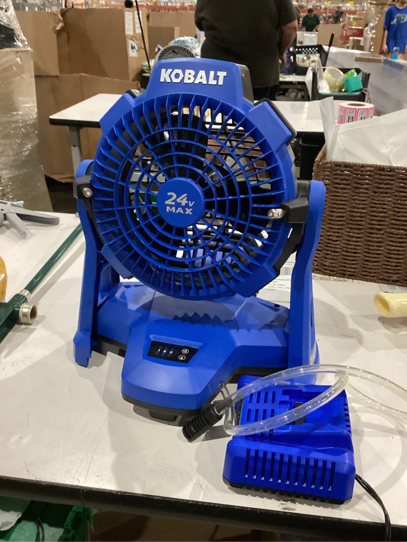 Condition photo showing As Is for kobalt 7-in high velocity indoor/outdoor misting floor fan, battery powered, in blue
