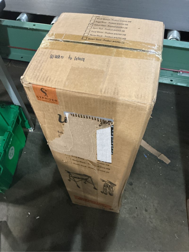 Condition photo showing New/Like New for stander space saver rollator, lightweight folding rolling walker with seat for seniors & adults, 4-wheel mobility aid with 6-inch wheels, locking brakes & padded seat with backrest, cobalt blue cobalt blue standard