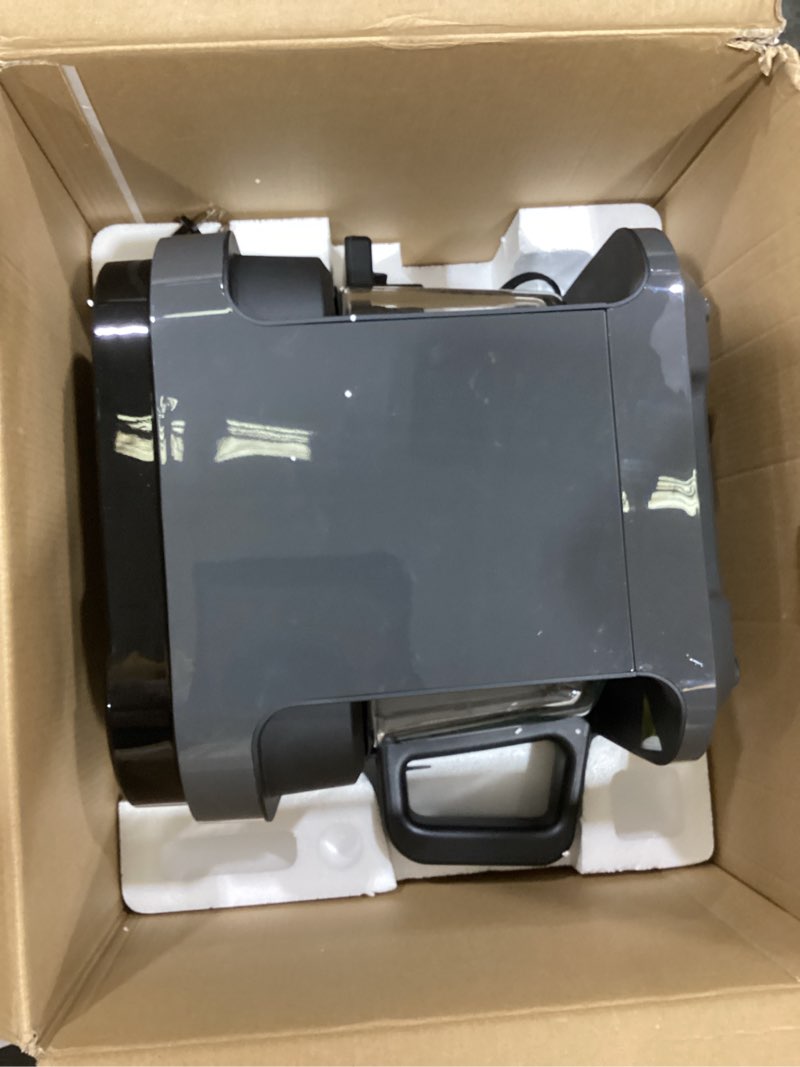 Condition photo showing As Is for nutrichef 5.8 quart air fryer | 8-1 preset cook modes | transparent fry bowl for best cooking results | cook shrimp, steak, fries, wings, chicken & more | precise temperature control & time | grey