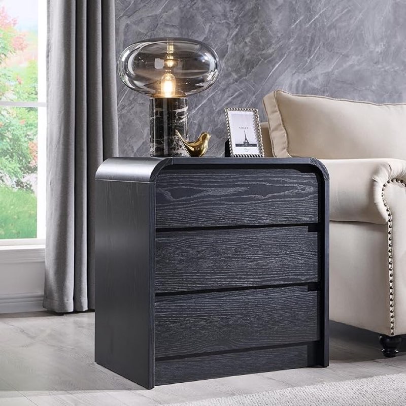 25" Tall Modern Nightstand with Charging Station, 23.6'' Wide Wood Bedside Table w/3 Storage Drawers, Small Dresser w/Curved Profile Design, End Table for Bedroom, Black
