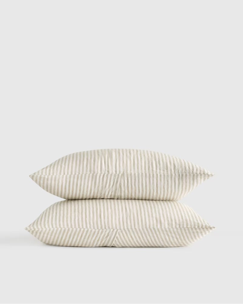 quince european linen sham set 100% linen king sham willowleaf/white stripe