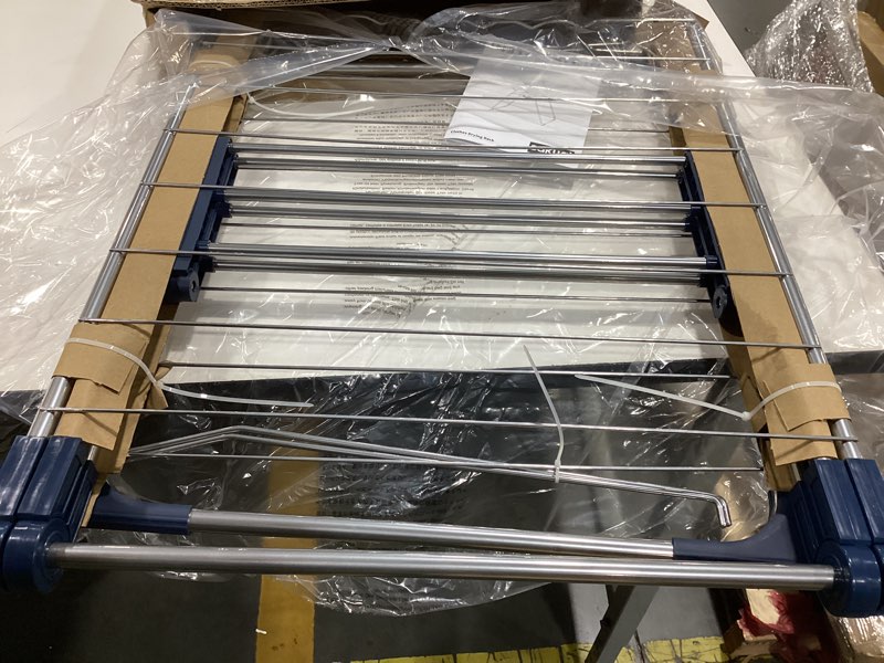Condition photo showing Good Condition for sakugi clothes drying rack with height-adjustable wings, metal foldable laundry dryer stand for clothing & bedding, free-standing collapsible for indoor & outdoor use, 55.5" l × 22.8" w, silver blue silver & blue large (55.5"l x 22.8"w x 36.6"h)