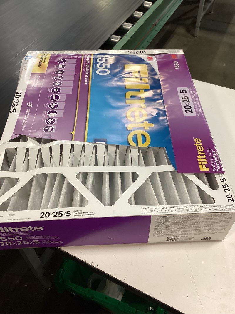 Condition photo showing As Is for filtrete 20-in w x 25-in l x 5-in merv 12 1550 mpr allergen, bacteria and virus electrostatic pleated air filter