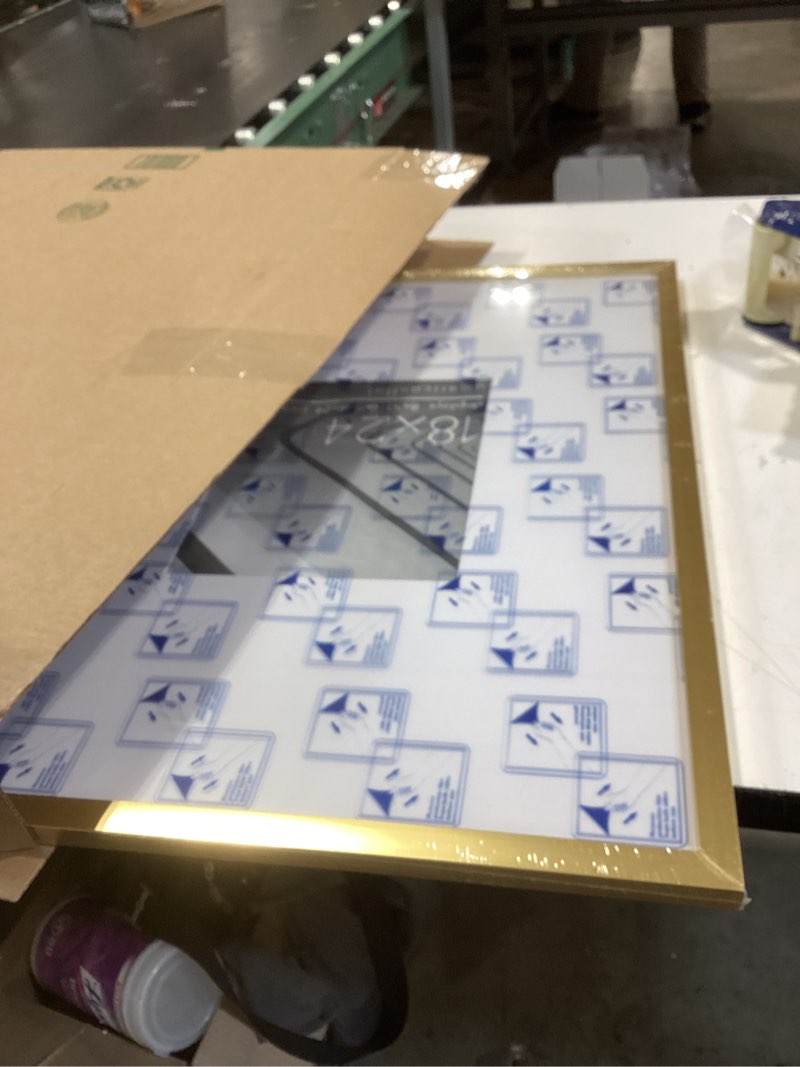 Condition photo showing Good Condition for americanflat 18x24 poster frame with polished plexiglass - use as 8x10 frame with mat or display 18x24 photo without mat - streamline collection - thin border picture frames for wall - gold gold 18x24 white mat