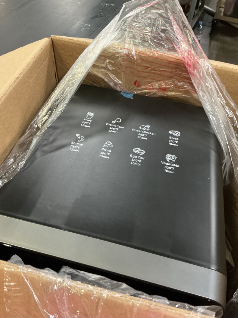 Condition photo showing As Is for 10QT Air Fryer Toaster Oven Combo with 10 Presets, Family Size Compact Oven for Roasting Whole Chicken/Double Cooking, Stainless Steel Interior, Easy Clean, Includes 2 Accessories & Recipe Black