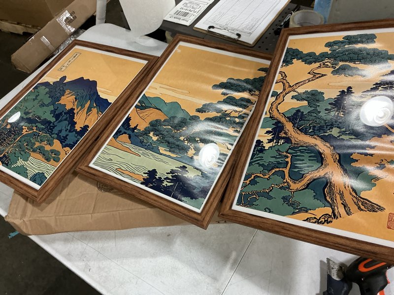 Condition photo showing Good Condition for vintage style japanese landscape print set of 3 - mountain forest wall art - japandi nature print - ukiyo-e pine tree triptych