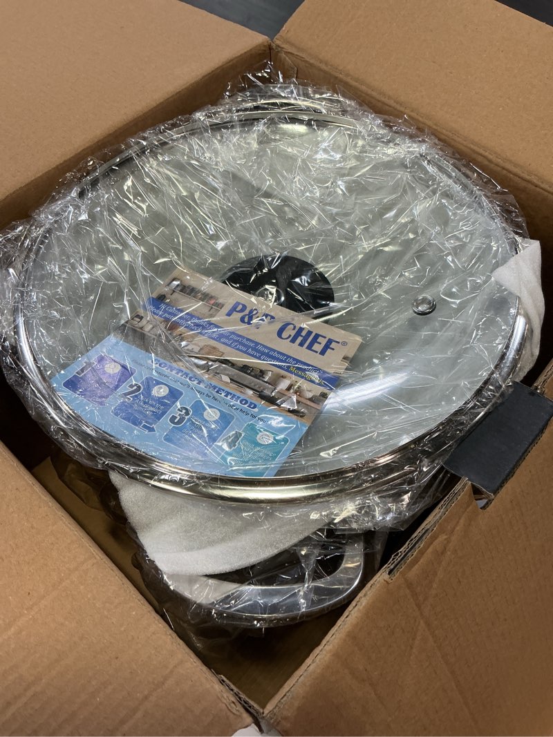 Condition photo showing Good Condition for p&p chef 12 quart stainless steel stock pot with lid, large stockpot for cooking pasta soup, cookware for induction gas electric stoves, visible lid & measuring markings, dishwasher safe 12 quarts