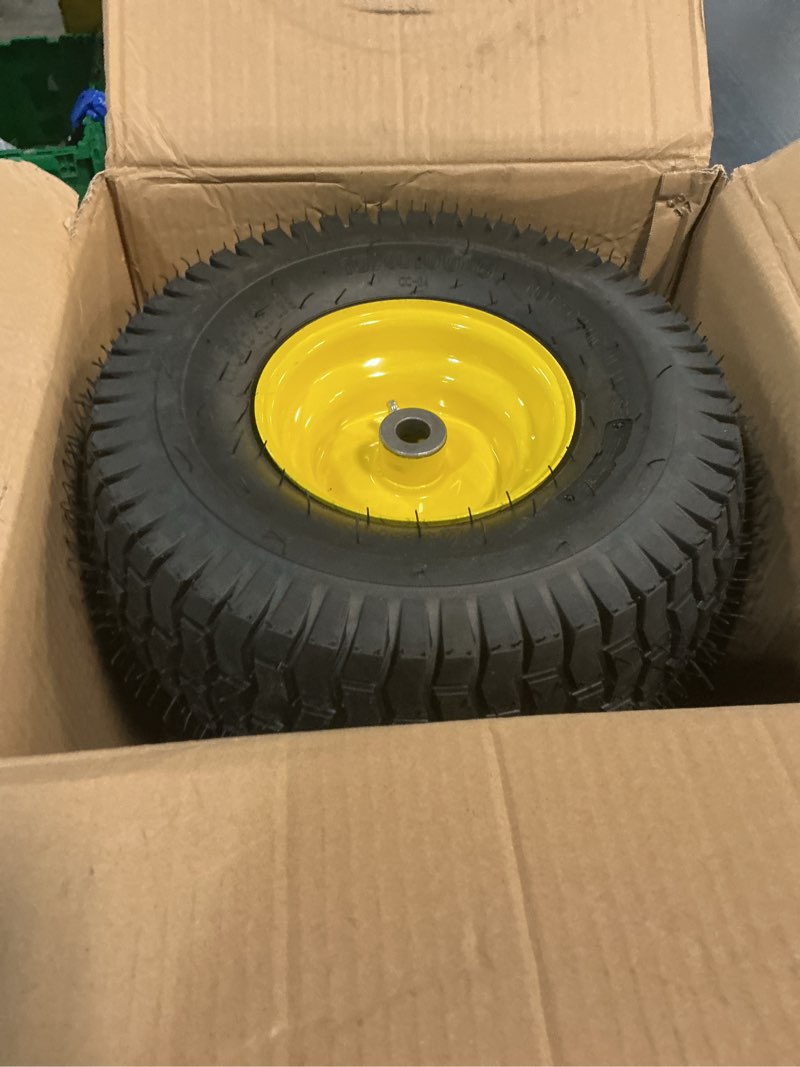 Condition photo showing Good Condition for ar-pro exact replacement 15" x 6.00-6" front tire and wheel assemblies compatible with john deere riding mowers 100 and d100 series - 3" centered hub and 3/4" bushings, 4ply pneumatic (set of 2) 15 x 6.00-6" pneumatic (centered hub) yellow