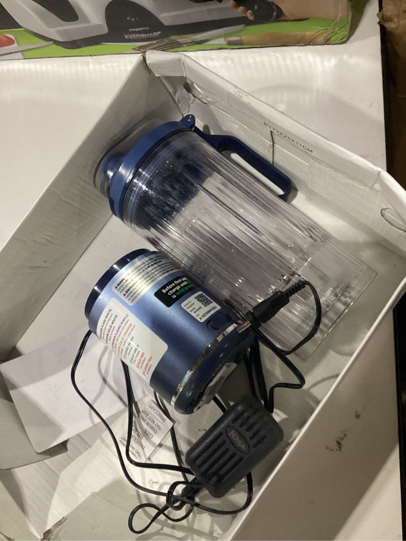 Condition photo showing As Is for used ninja blast max, portable blender + twist & go, personal smoothie, blend, ice crush, 3 programs, cordless, 22 oz removable vessel, dishwasher safe, leakproof, navy, bc251nv navy 22 oz.