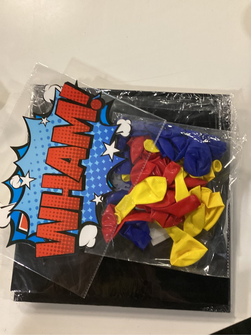Condition photo showing As Is for 40 pcs superhero birthday decorations superhero cityscape backdrop and black red blue yellow green balloon arch kit skyline super city boom kids birthday party banner