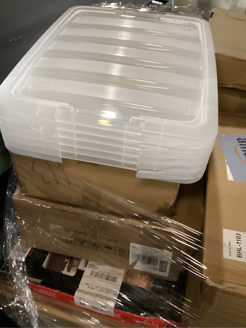 Condition photo showing As Is for iris usa 32 qt plastic storage box with lid and latches - 6 pack - bpa-free, see-through organizing solution, durable nestable stackable containers, secure pull handle - clear clear 32 qt 6 pack