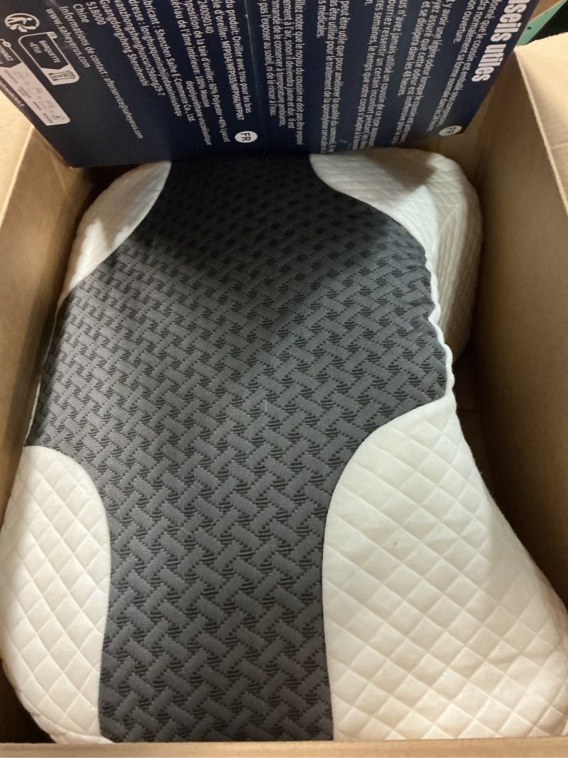 Condition photo showing As Is for side sleeper pillow with arm hole, shoulder relief system, arm pillow for neck and shoulder pain, premium memory foam, suitable for side, back and stomach sleepers - grey, 7.1in height grey 7.1in height