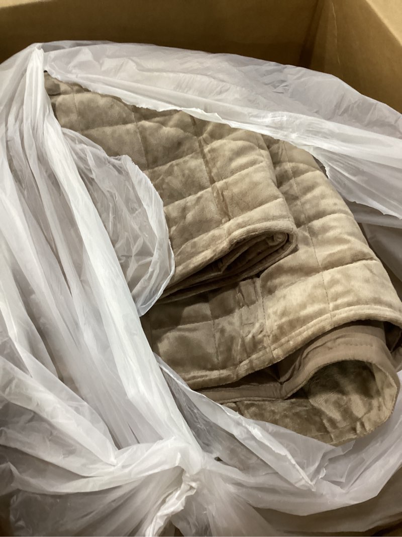 Condition photo showing item condition for recyco luxury velvet quilt king size bedding set, ultra soft velvet comforter set, lightweight quilted channel box stitch oversized bedspread coverlet for all season, with 2 shams, natural tan king/cal king (108" x 92") natural tan