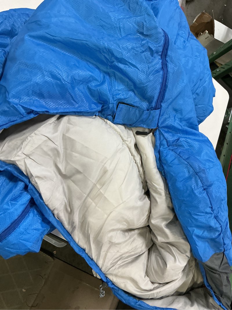 Condition photo showing As Is for MalloMe Sleeping Bags for Adults Cold Weather & Warm - Backpacking Camping Sleeping Bag for Kids 10-12, Girls, Boys - Lightweight Compact Camping Essentials Gear Accessories Hiking Sleep Must Haves 50-80°F Everyday 3 Season - Blue