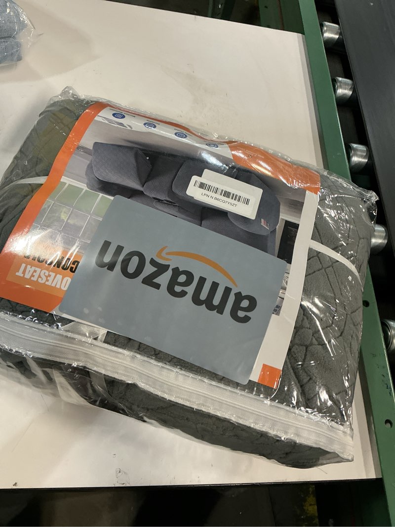 Condition photo showing Good Condition for VANSOFY Recliner Loveseat Cover with Middle Console Stretch Reclining Sofa Slipcover for 2 Seat Jacquard Reclining Couch Sofa Covers Furniture Protector with Elastic Straps Bottom (Dark Gray) Dark Gray 2 Seater+Console