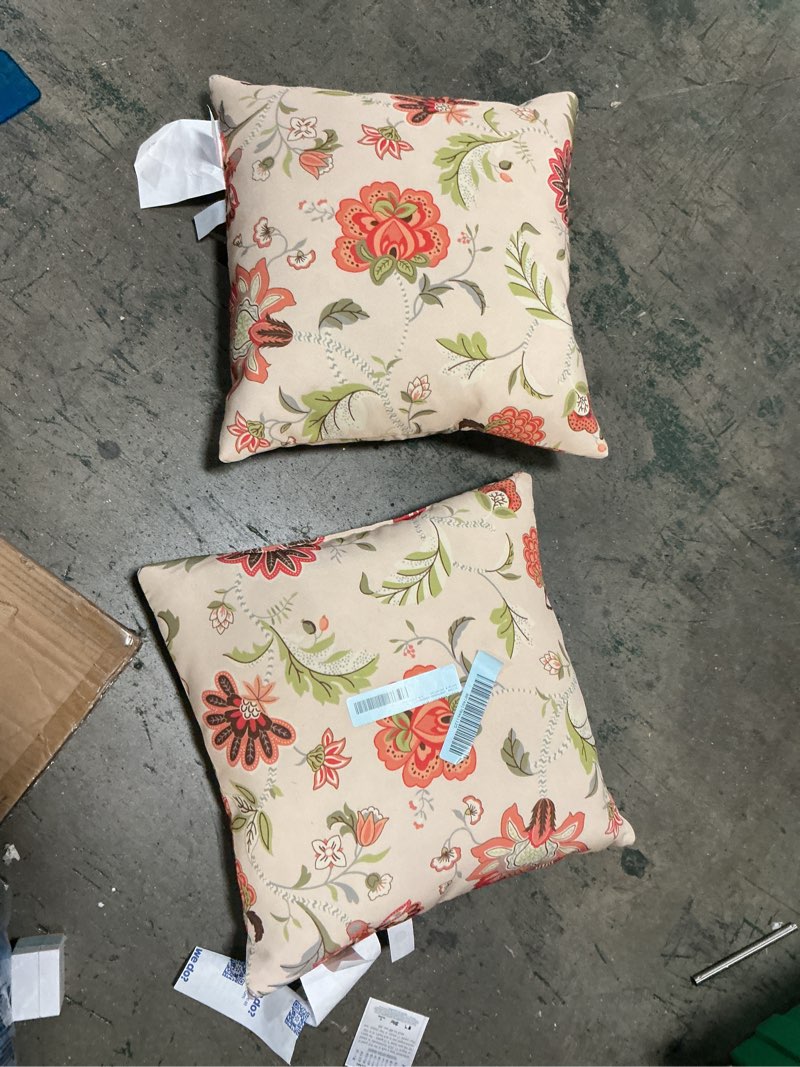 Condition photo showing As Is for unikome 18x18 in orange floral polyester throw pillow, waterproof set of 2