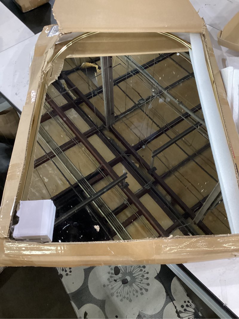 Condition photo showing Good Condition for 20"x30" arched bathroom vanity mirror, brushed gold aluminum frame | tempered glass with hd reflection; moisture-resistant; mounts vertically or horizontally; bathroom mirror for over sink