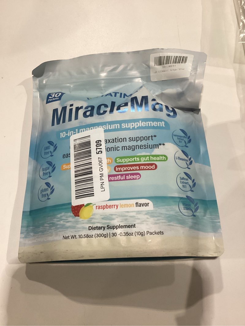 Condition photo showing New/Like New for bb 04/10/2028 miraclemag 10-in-1 magnesium supplement powder drink mix, sweet raspberry lemon flavor | stress relief, mood sleep | on-the-go pouches, gluten-free & sugar-free | 0.3 oz per packet, 30 count