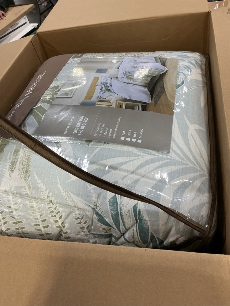 Condition photo showing Good Condition for (Incomplete)Harbor House Tropical Palm Print Comforter Set, Soft Cotton Oversized Comforter for King-Size Bed, Coastal Bedding, 2 Shams, Bedskirt, 2 Decor Pillows, Kiawah Island, King Blue Blue King