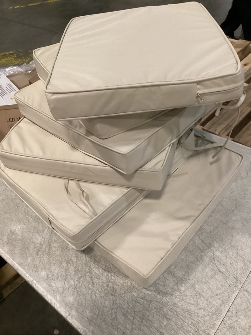 Condition photo showing New/Like New for outdoor chair cushions patio funiture chair seat cushion 19 l x 19 w x 4 h waterproof & fade resistant square sofa couch chair pads with non-slip bottom &handle & adjustable straps set of 6 19*19*4 cream 6