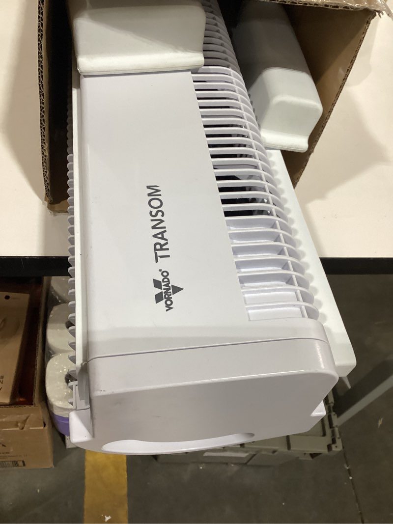Condition photo showing As Is for vornado transom window fan with 4 speeds, remote control, reversible exhaust mode, weather resistant case, whole room, ice white white remote control fan