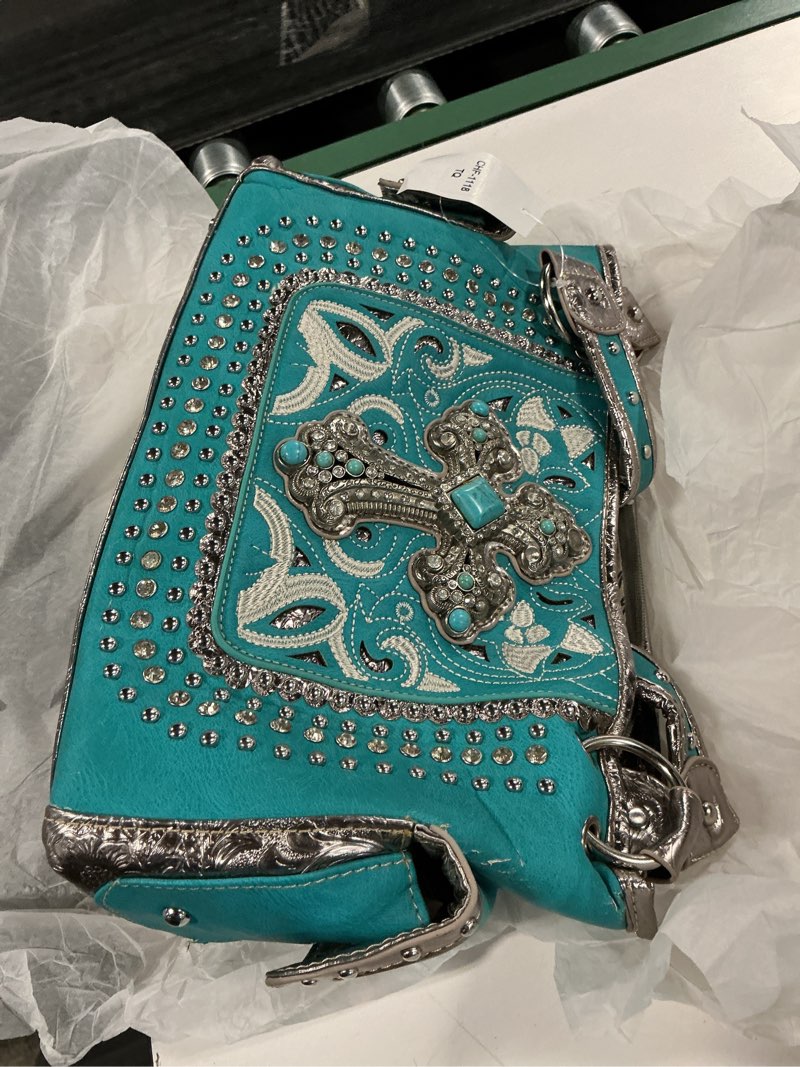 Condition photo showing As Is for justin west women's concealed wings cross faith hope love western handbag tote purse
