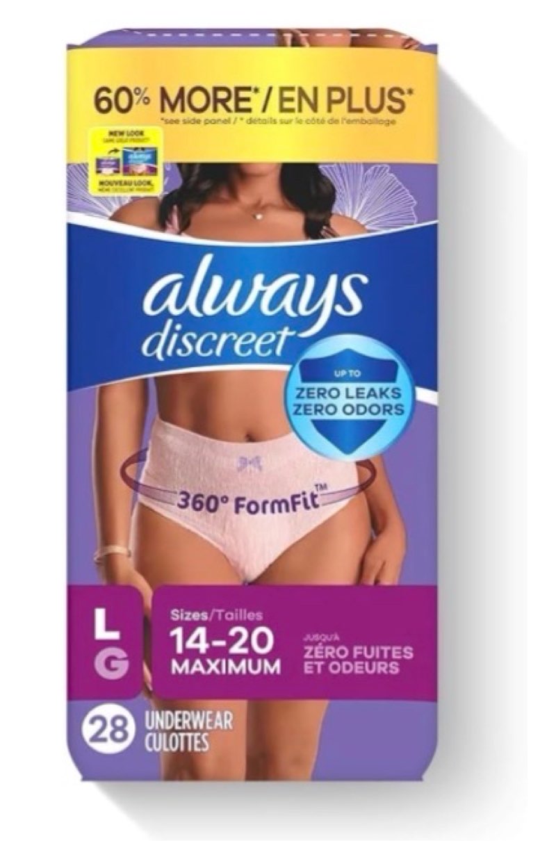 always discreet, incontinence & postpartum underwear for women, maximum, large, 38 count