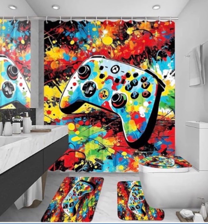 4 PCS Game Shower Curtain Set with Waterproof Shower Curtain, Non-Slip Bath Mat, Absorbent Rug, and Toilet Lid Cover, Classic Video Game Controller Bathroom Decor Set, Easy to Maintain