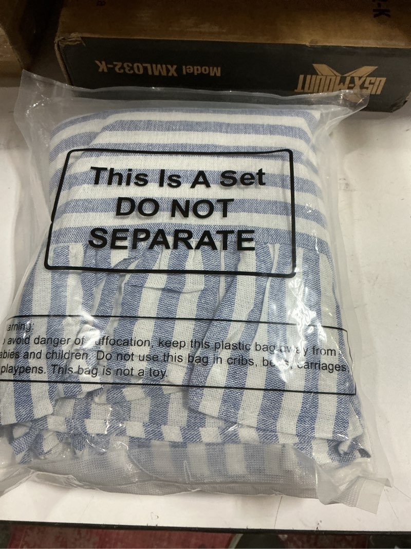 Condition photo showing New/Like New for Boao Cotton 52 x 70 Inch Farmhouse Ruffle Tablecloth Blue White Striped Flounces Trim Table Cover for Rectangle Table Kitchen Party Wedding Decor 70" x 52" (Rectangular) Rectangle Blue White