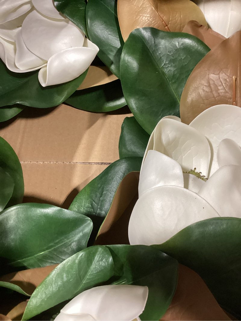Condition photo showing New/Like New for 24" artificial wreath for front door white magnolia wreath greenery for easter spring housewarming wedding farmhouse mantel door decoration 24" crisp white