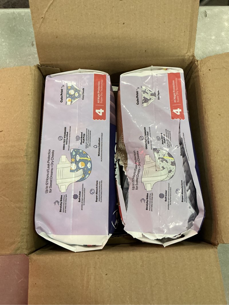 Condition photo showing Good Condition for the honest company comfort dry overnight diapers, up to 12 hours protection, hypoallergenic, cozy cloud + star signs, club box size 4 (22–37 lbs), 48 count size 4 48