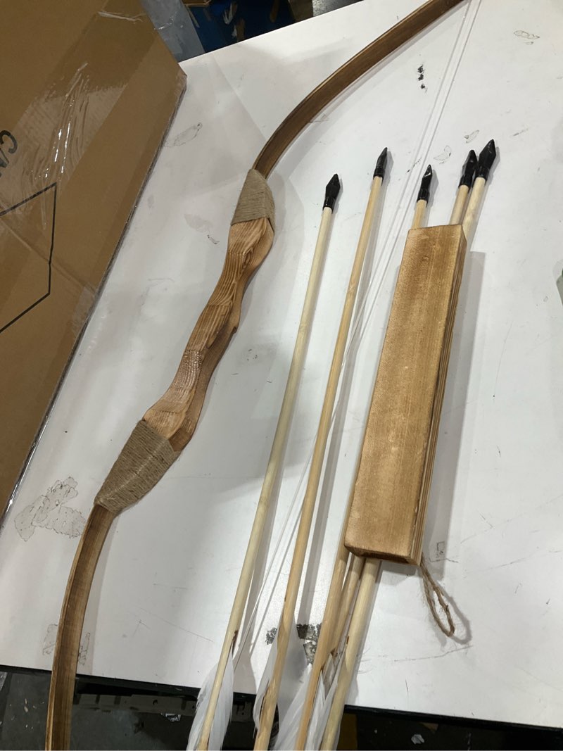 Condition photo showing Good Condition for Wooden Bow and Arrow Set, 40 Inch Handmade Wooden Bow and Arrow Cosplay Costume Prop Archery Set Games Toys, 1 Bows 1 Quivers and 5 Feather Arrows, Gifts for Kids Youth Boys and Girls