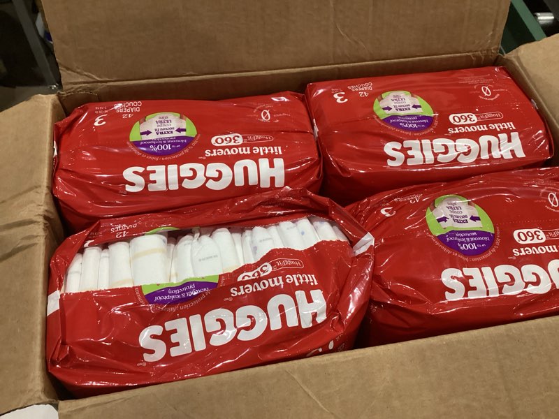 Condition photo showing Good Condition for huggies size 3 baby diapers, little movers huggfit 360° baby diapers with 360° waistband, size 3 (16-28 lbs), 168 count (3 packs of 56), packaging may vary size 3 168