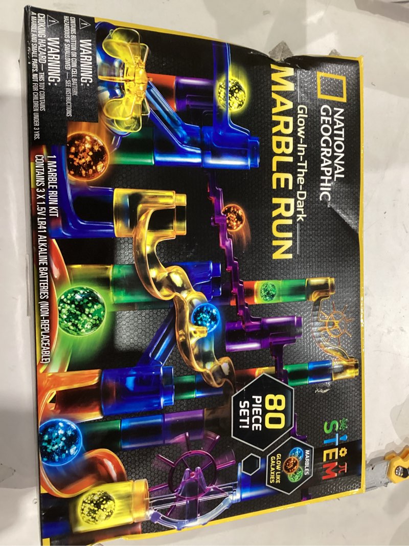 Condition photo showing As Is for NATIONAL GEOGRAPHIC Glowing Marble Run – Construction Set with 15 Glow in The Dark Glass Marbles & Storage Bag, STEM Gifts for Boys and Girls, Building Project Toy (Amazon Exclusive) Glowing Small