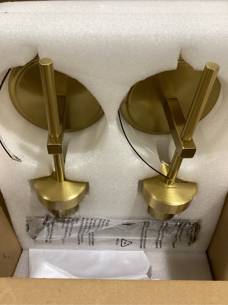 Condition photo showing New/Like New for Gold Bathroom Wall Sconces Set of 2, Modern Wall Sconces Set of Two Hardwired, Bathroom Vanity Light Fixtures with Clear Glass, Gold Wall Mounted Lights for Living Room Corridor Mirror Bedroom Stairs 15.94in hardwired Gold+Clear