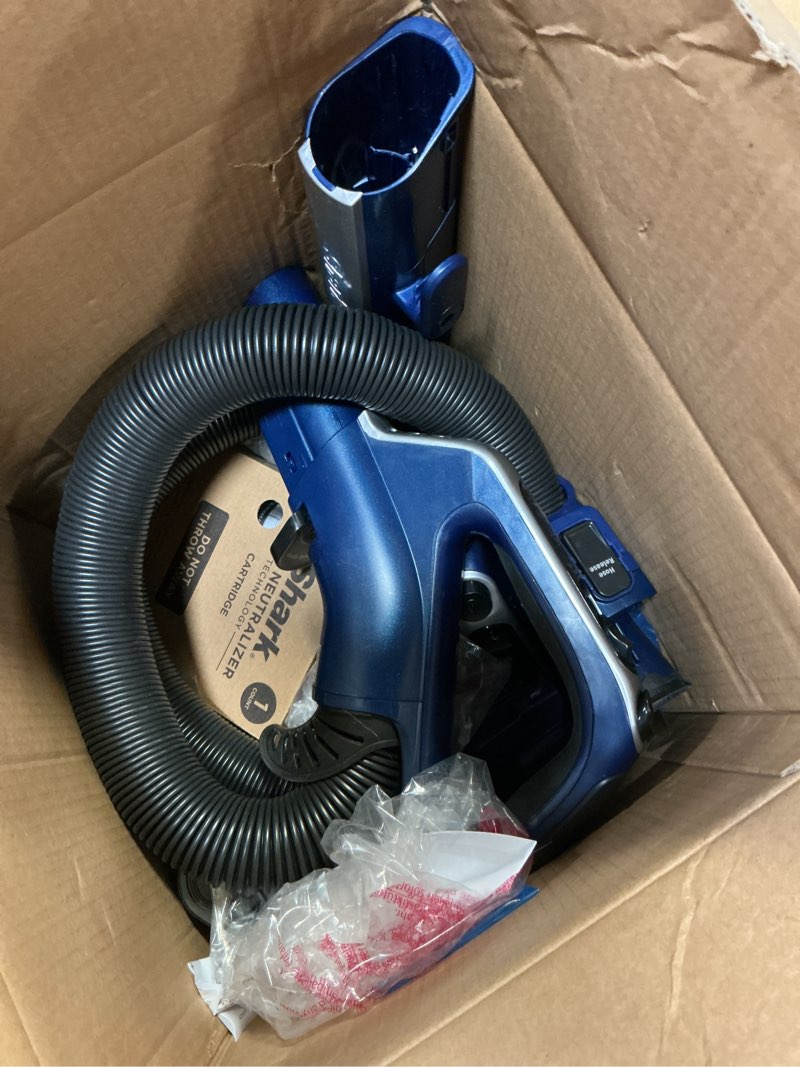 Condition photo showing As Is for shark upright vacuum, stratos with duoclean powerfins, hairpro, powered lift-away, self-cleaning brushroll, & odor neutralizer technology, navy, az3002