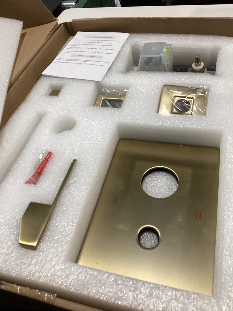 Condition photo showing item condition for 12 Inch Ceiling Mount ?Brushed Gold Shower System Bathroom Luxury Rain Mixer Shower Combo Set Ceiling Rainfall Shower Head System (Contain Shower Faucet Rough-in Valve Body and Trim Kit) Brushed Gold 12 Inch-SQUARE