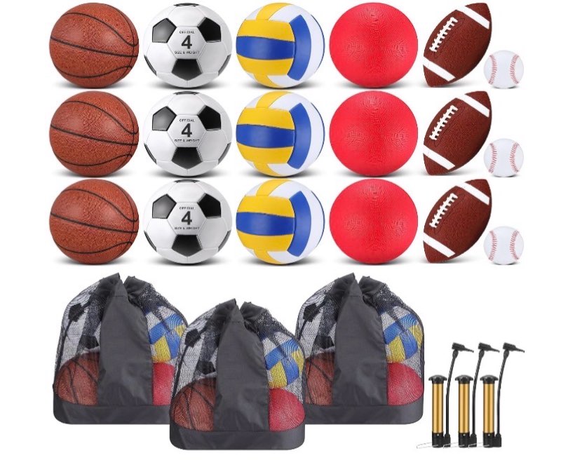 Leyndo 18 Pcs Sports Ball Bulk Set Official Size | Basketball Football Soccer Ball Playground Volleyball Baseball Kids Outdoor Sport Equipment Bag and Pump Back to School Gift Maroon